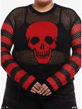 Social Collision Red & Black Stripe Skull Open Knit Girls Crop Sweater Plus Size, RED, hi-res