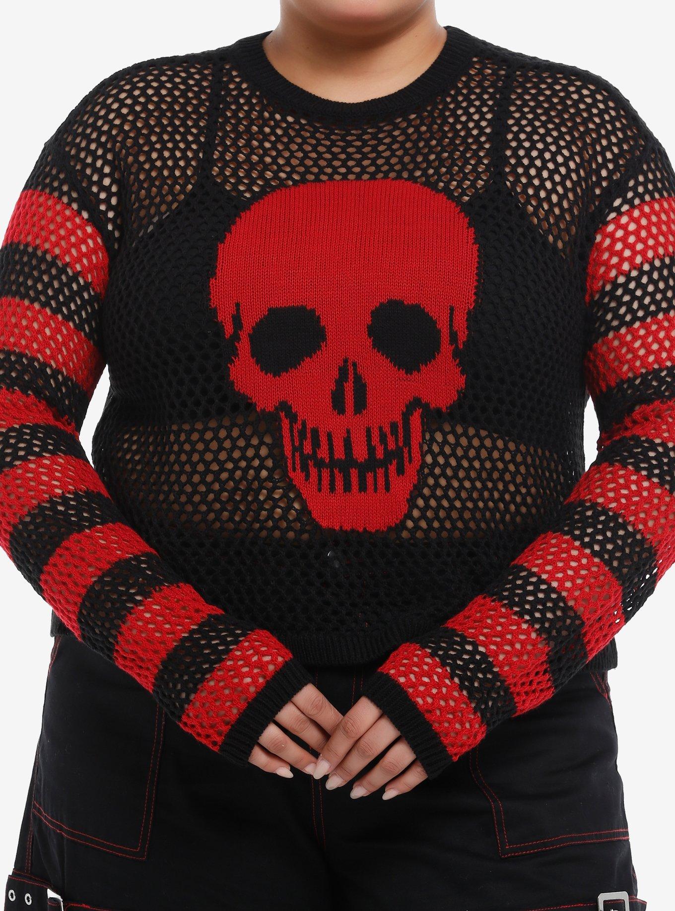 Social Collision Red & Black Stripe Skull Open Knit Girls Crop