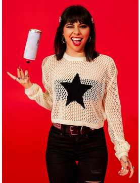 Social Collision Star Open Knit Girls Crop Sweater, , hi-res