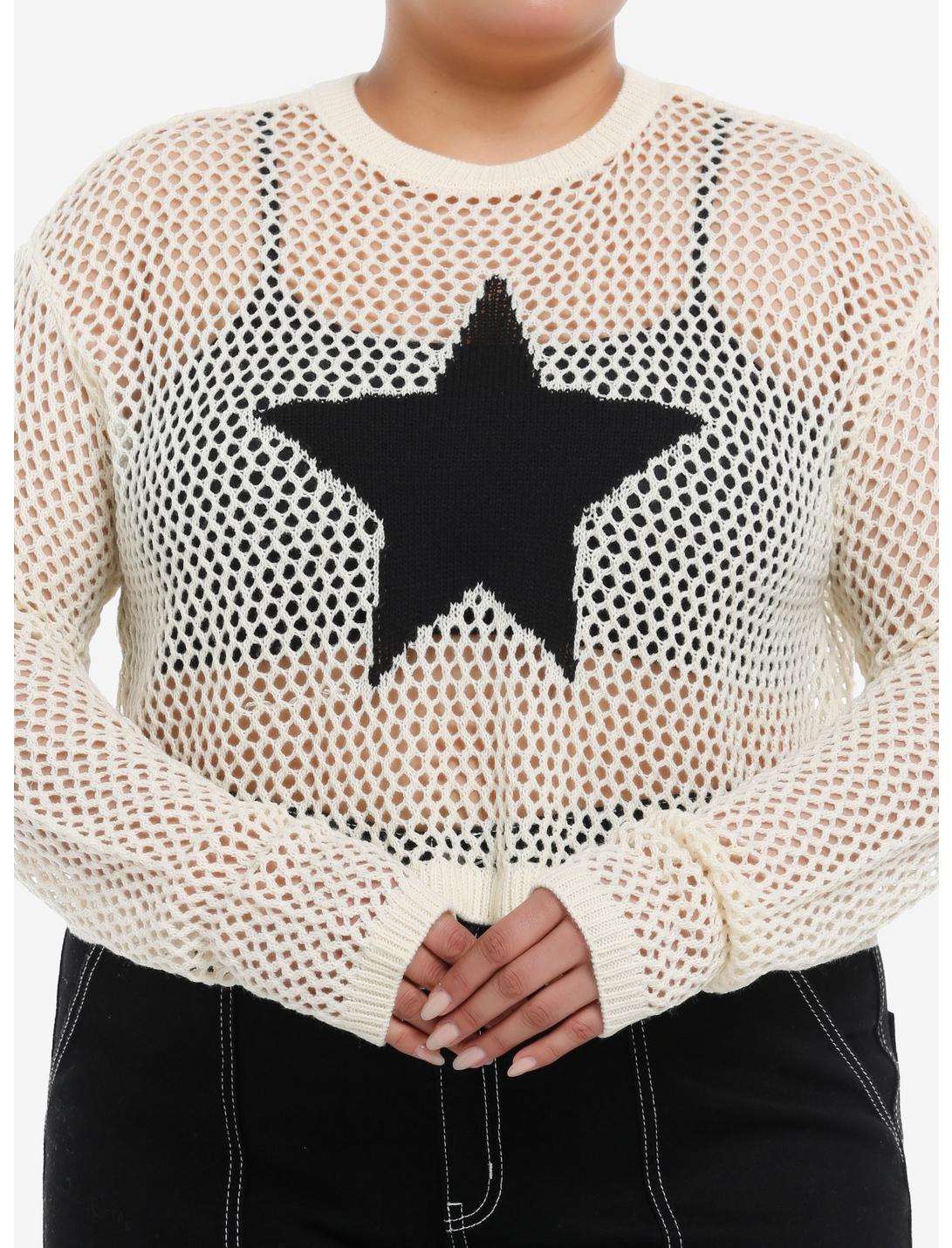 Social Collision Star Open Knit Girls Crop Sweater Plus Size, BLACK, hi-res