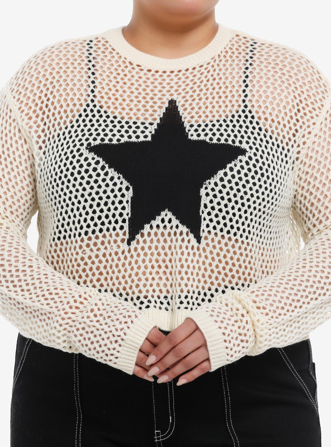 Social Collision Star Open Knit Girls Crop Sweater Plus Size, , hi-res