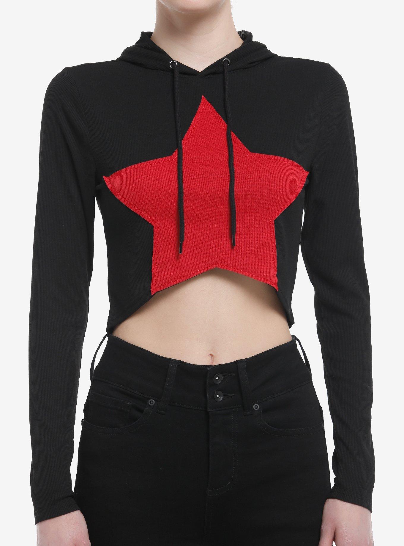Social Collision Red Star Ribbed Girls Crop Hoodie, , hi-res