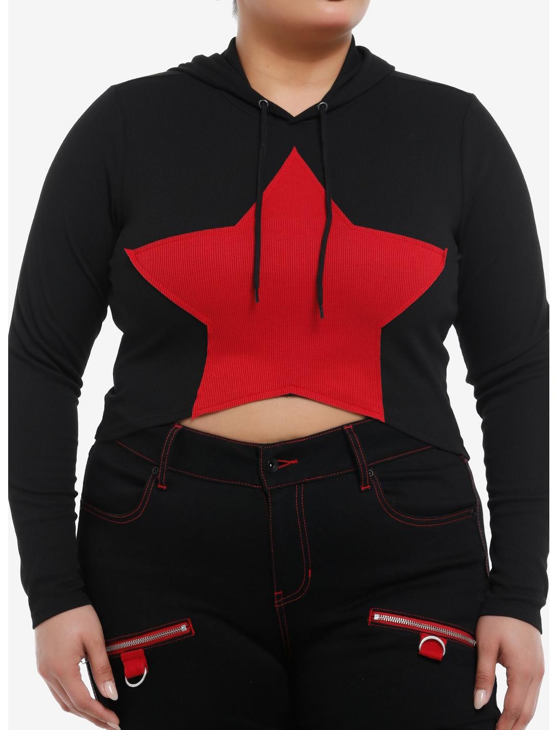 Social Collision Red Star Ribbed Girls Crop Hoodie Plus Size, RED, hi-res
