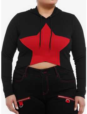 Social Collision Red Star Ribbed Girls Crop Hoodie Plus Size, , hi-res