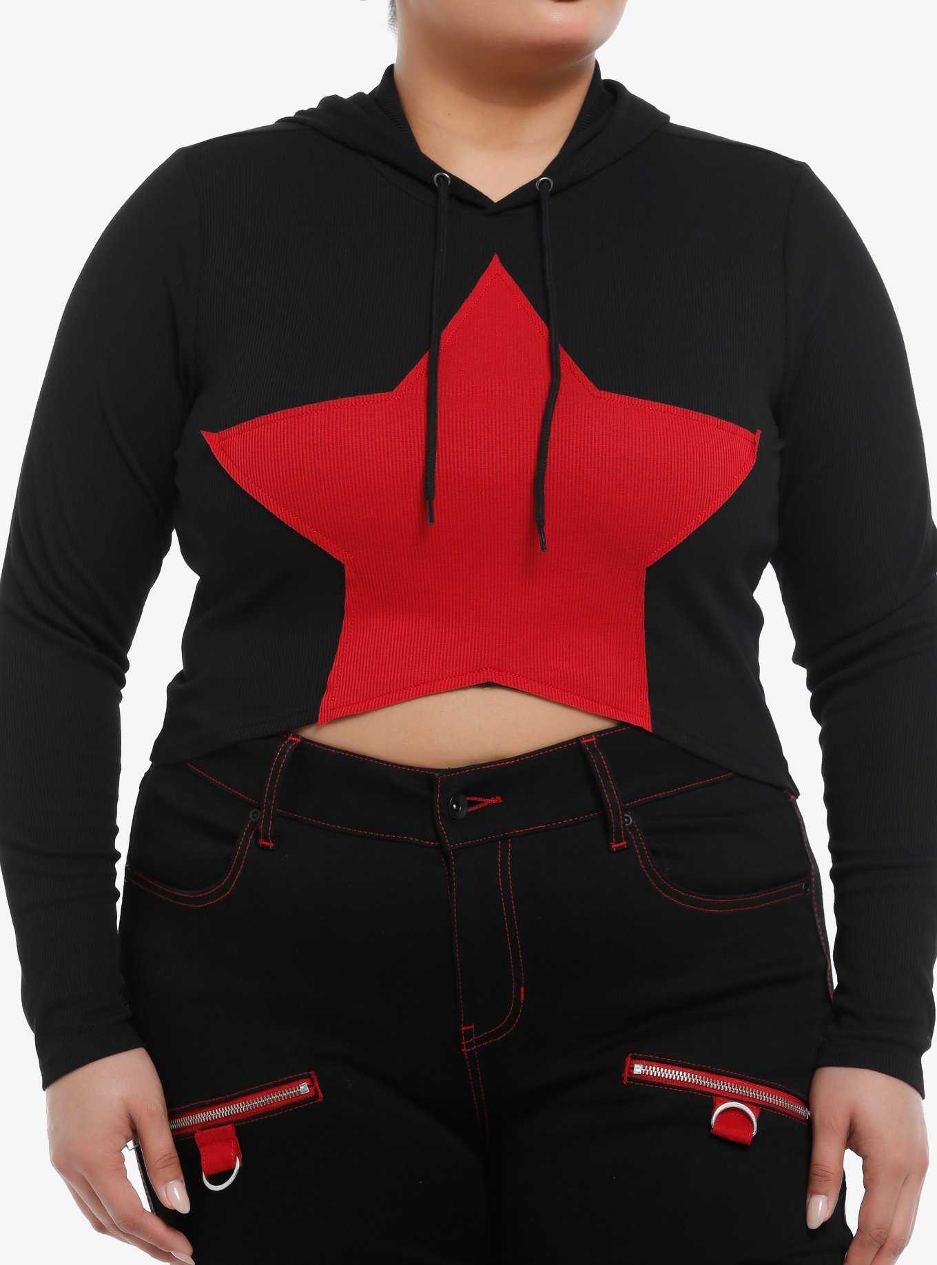 Social Collision Red Star Ribbed Girls Crop Hoodie Plus Size, , hi-res