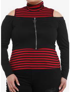 Social Collision Black & Red Stripe Girls Mock Neck Twofer Plus Size, , hi-res