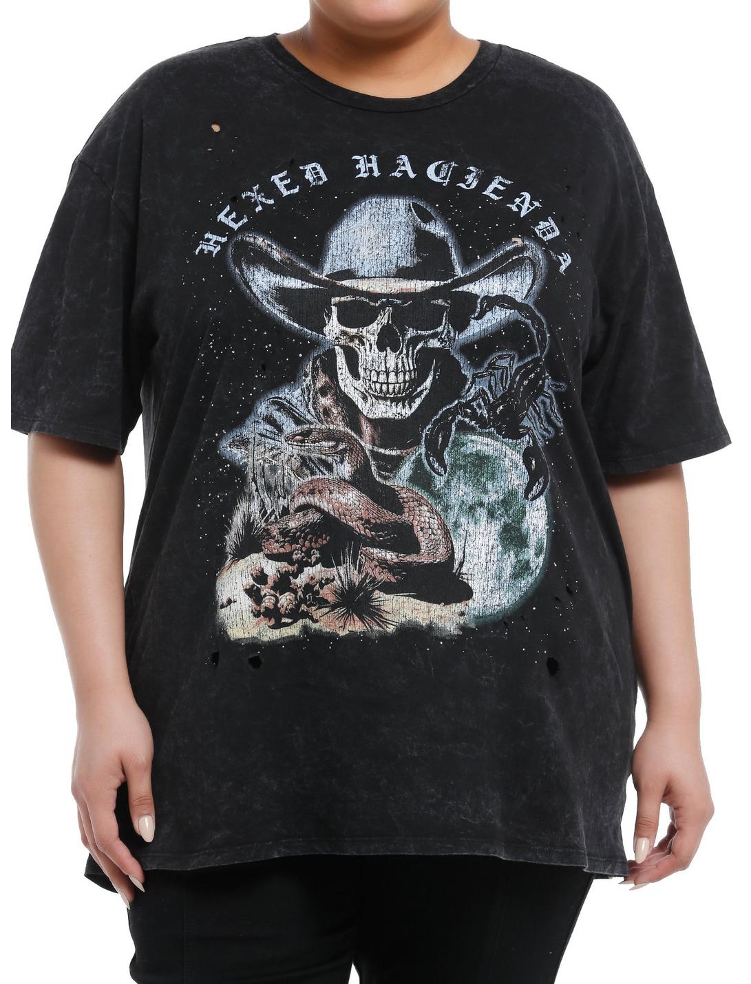 Cosmic Aura Skull Cowboy Destructed Mineral Wash Girls Oversized T-Shirt Plus Size, BROWN, hi-res