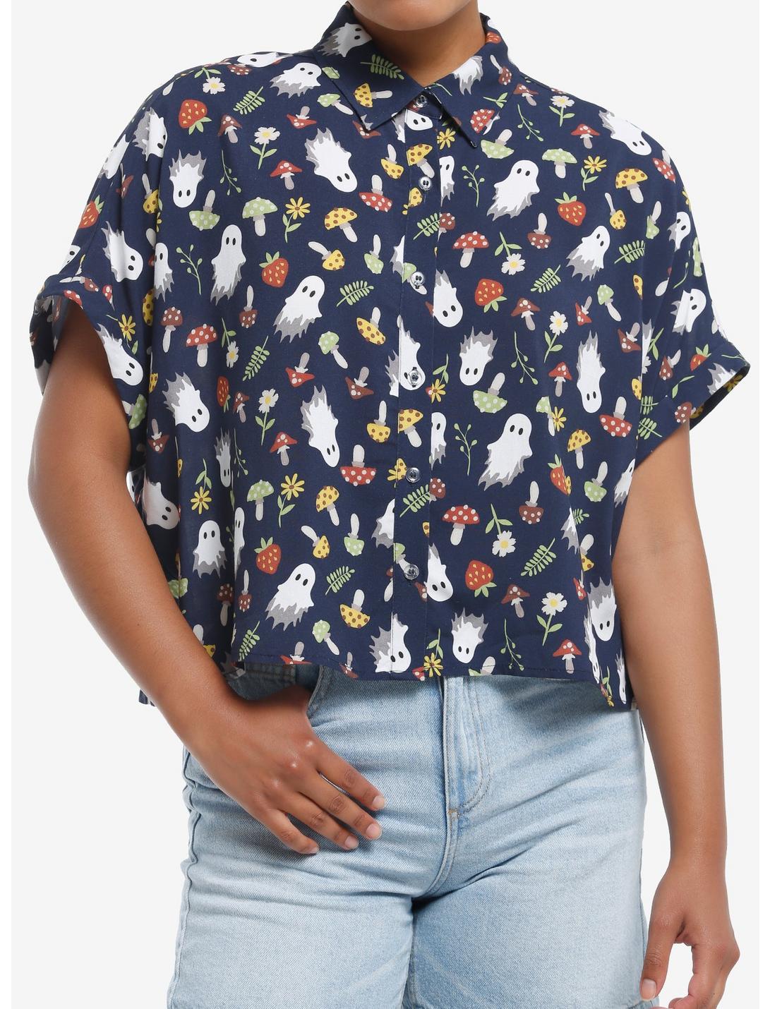 Thorn & Fable Mushroom Ghost Girls Boxy Woven Button-Up, , hi-res