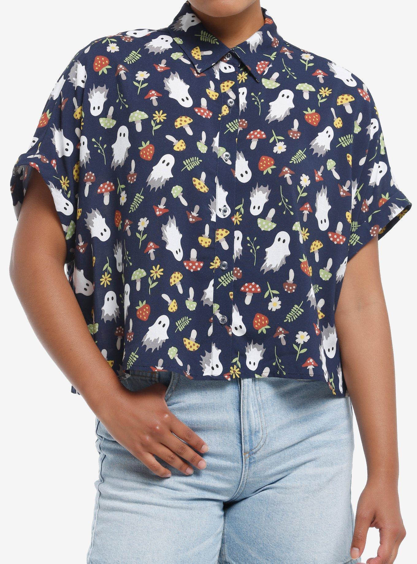 Thorn & Fable Mushroom Ghost Girls Boxy Woven Button-Up, , hi-res