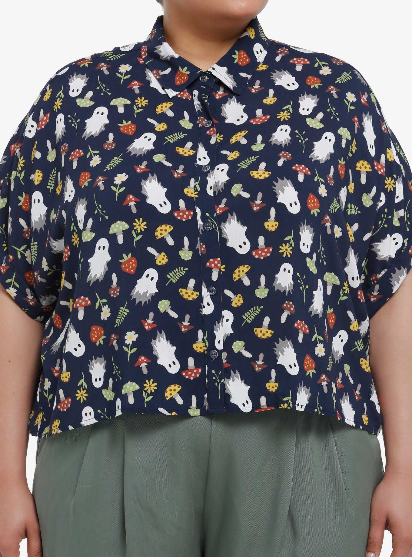 Thorn & Fable Mushroom Ghost Girls Boxy Woven Button-Up Plus Size, , hi-res