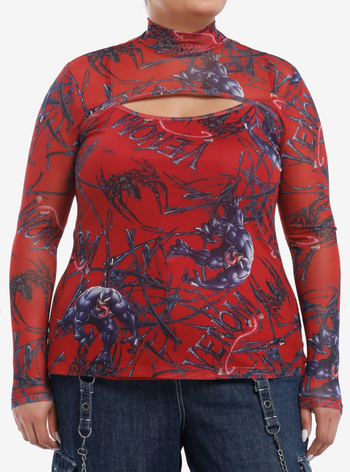 Her Universe Marvel Venom Mesh Cutout Long-Sleeve Top Plus Size, BURGUNDY  BLACK, hi-res