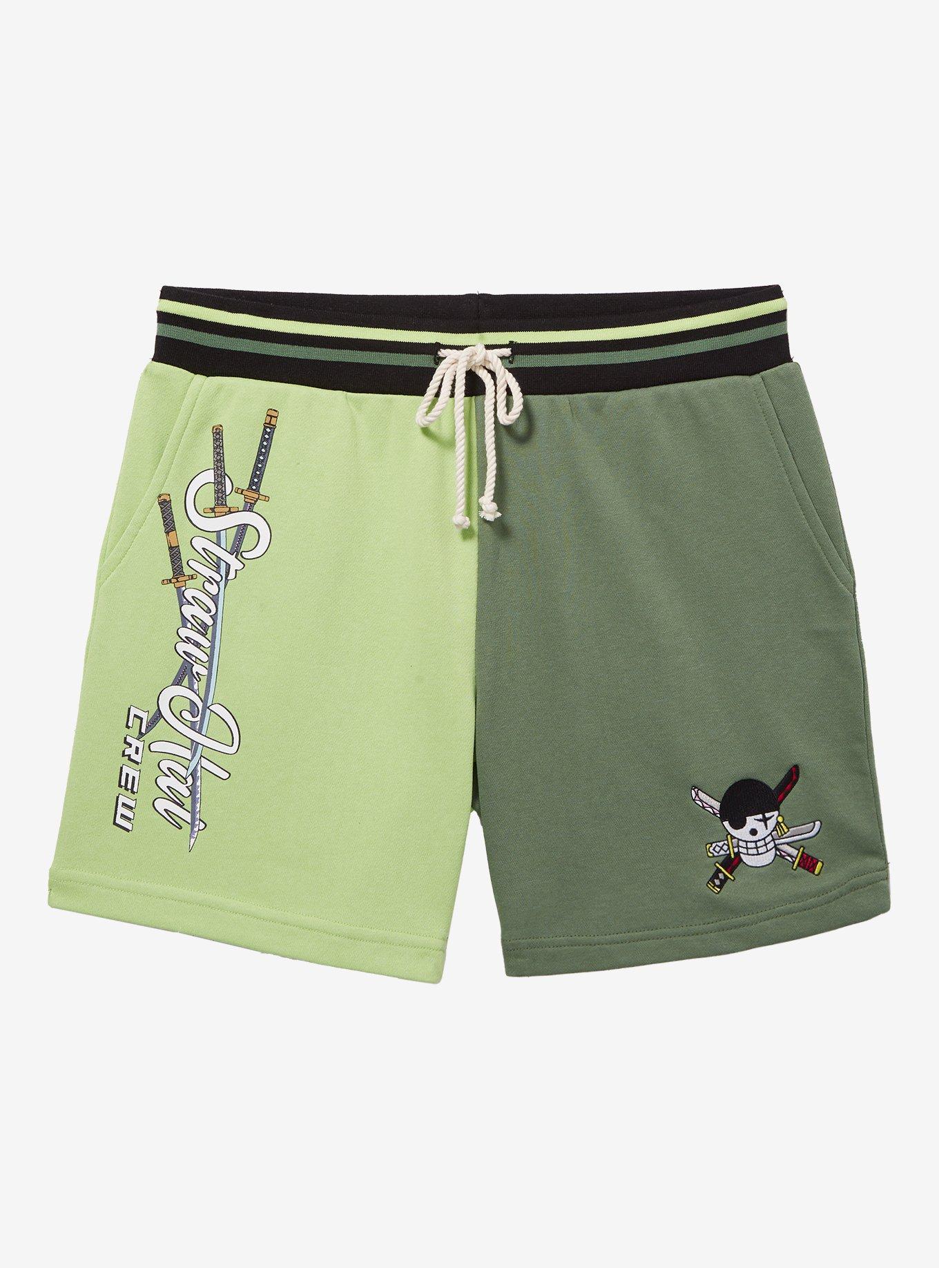 One Piece Zoro Straw Hat Crew Split Color Shorts — BoxLunch Exclusive, GREEN, hi-res