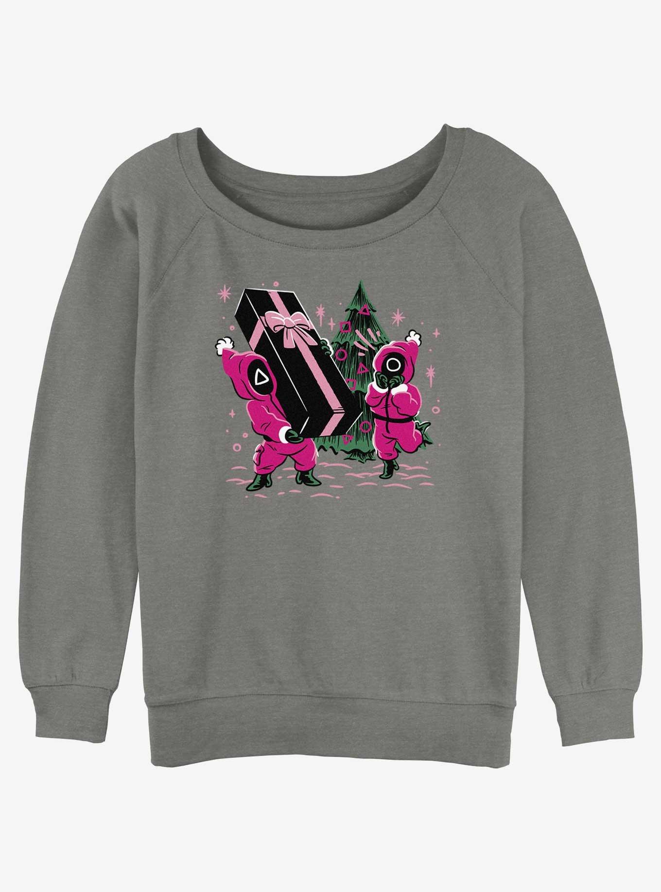 Squid Game Holiday Presents Pink Soldiers Girls Slouchy Sweatshirt, GRAY HTR, hi-res
