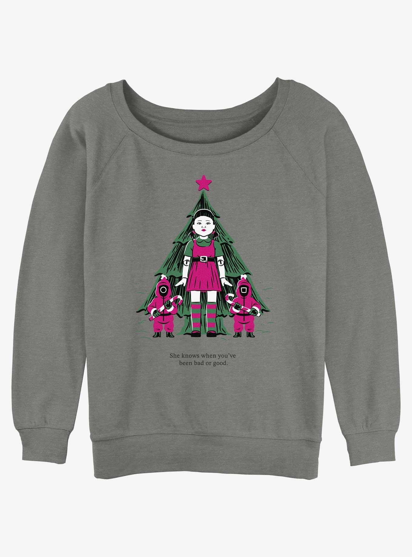 Squid Game Christmas Young-Hee Doll Knows Girls Slouchy Sweatshirt, GRAY HTR, hi-res