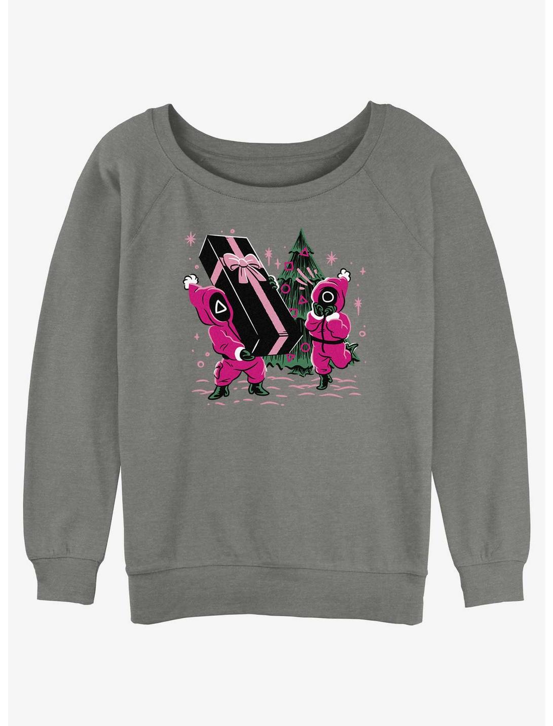 Squid Game Holiday Presents Pink Soldiers Womens Slouchy Sweatshirt, GRAY HTR, hi-res