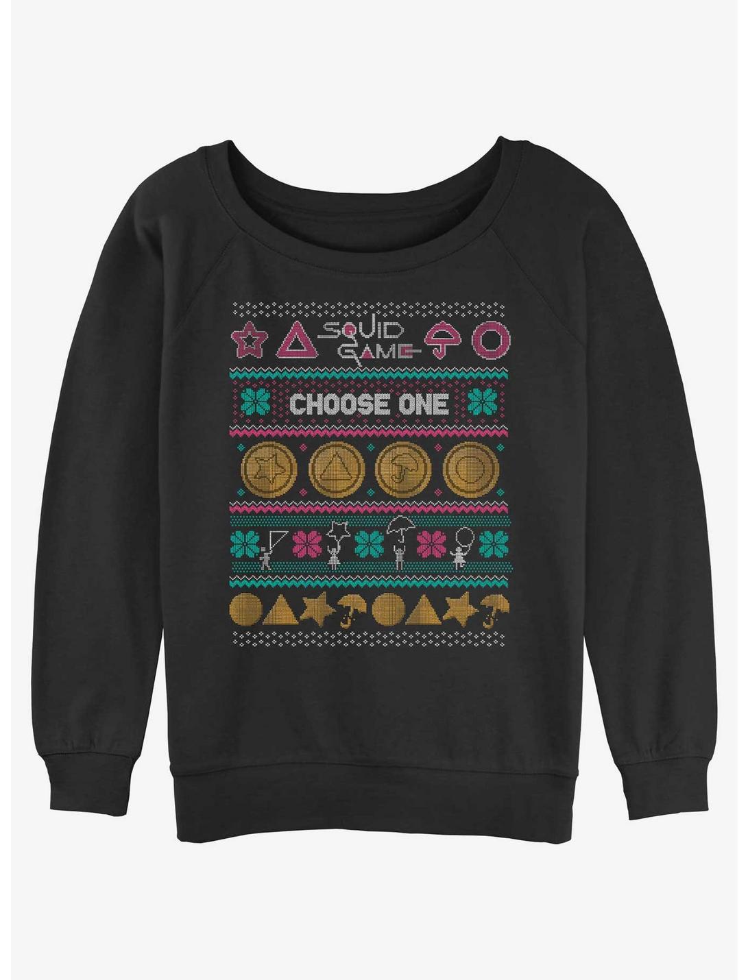 Squid Game Choose One Dalgona Cookie Ugly Christmas Womens Slouchy Sweatshirt, BLACK, hi-res