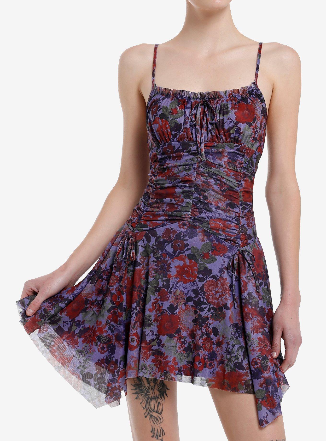 Purple & Red Floral Ruched Hanky Hem Dress, , hi-res