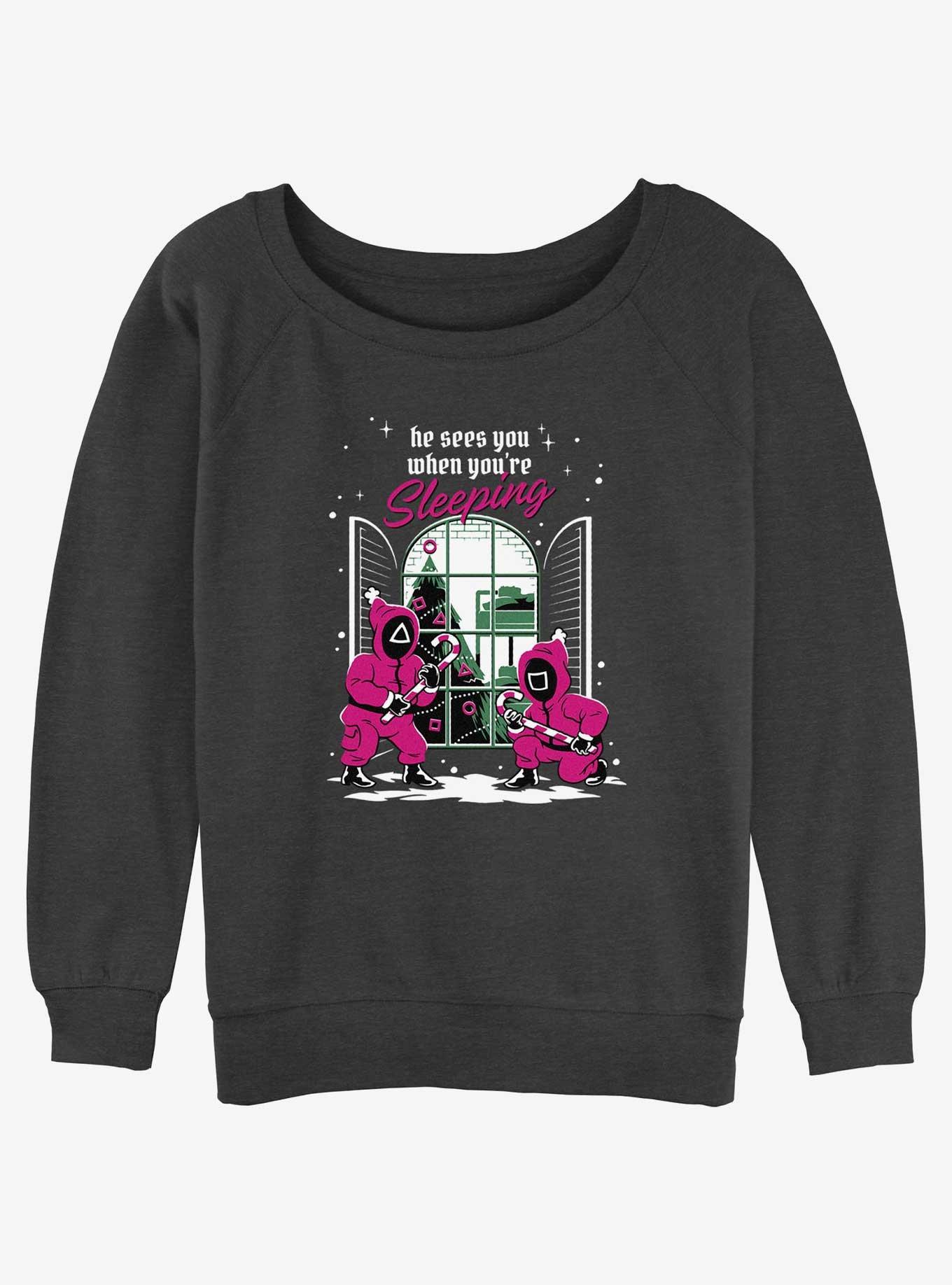 Squid Game All Seeing Pink Soldiers Christmas Womens Slouchy Sweatshirt, CHAR HTR, hi-res