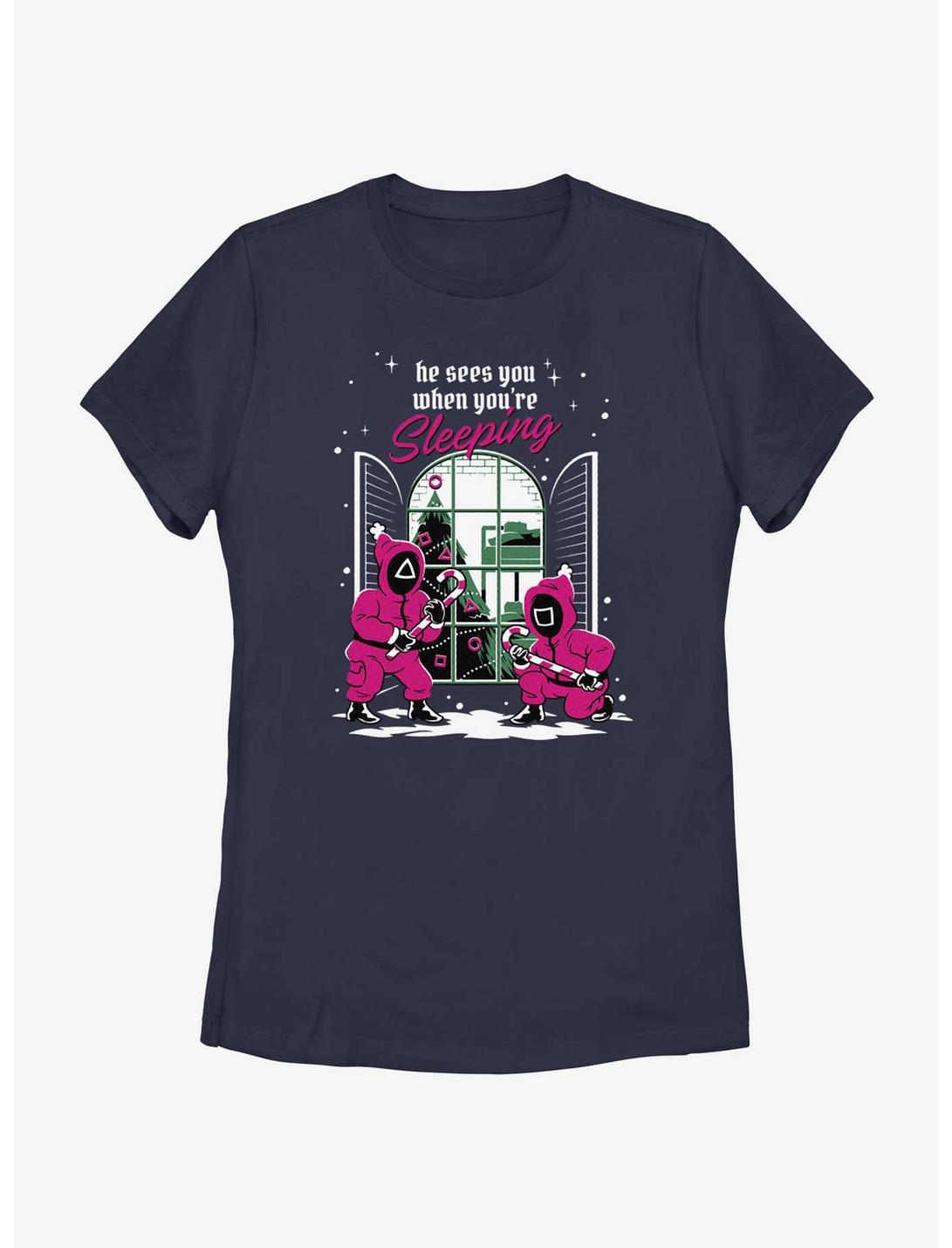 Squid Game All Seeing Pink Soldiers Christmas Womens T-Shirt, NAVY, hi-res
