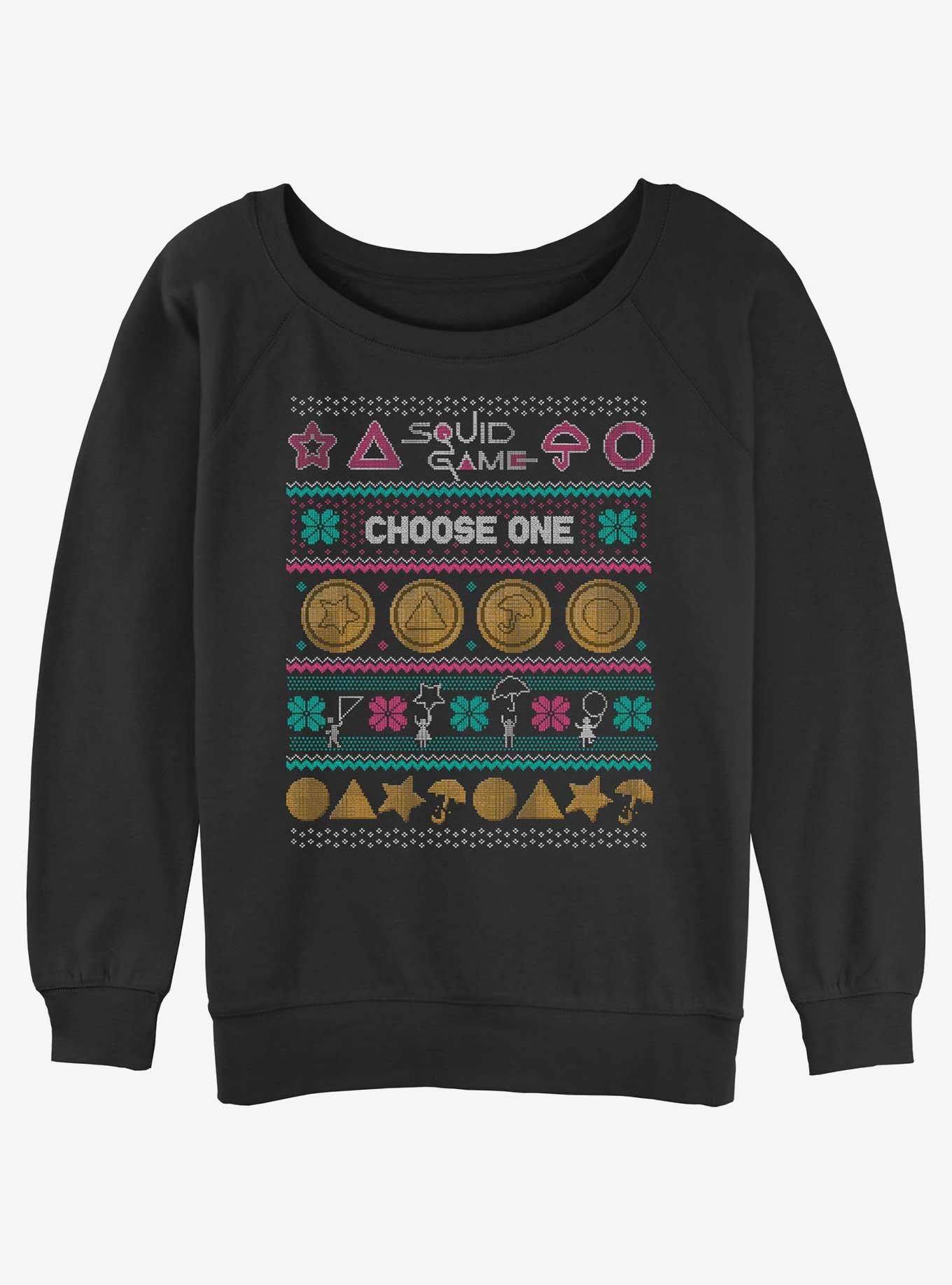 Squid Game Choose One Dalgona Cookie Ugly Christmas Womens Slouchy Sweatshirt, , hi-res