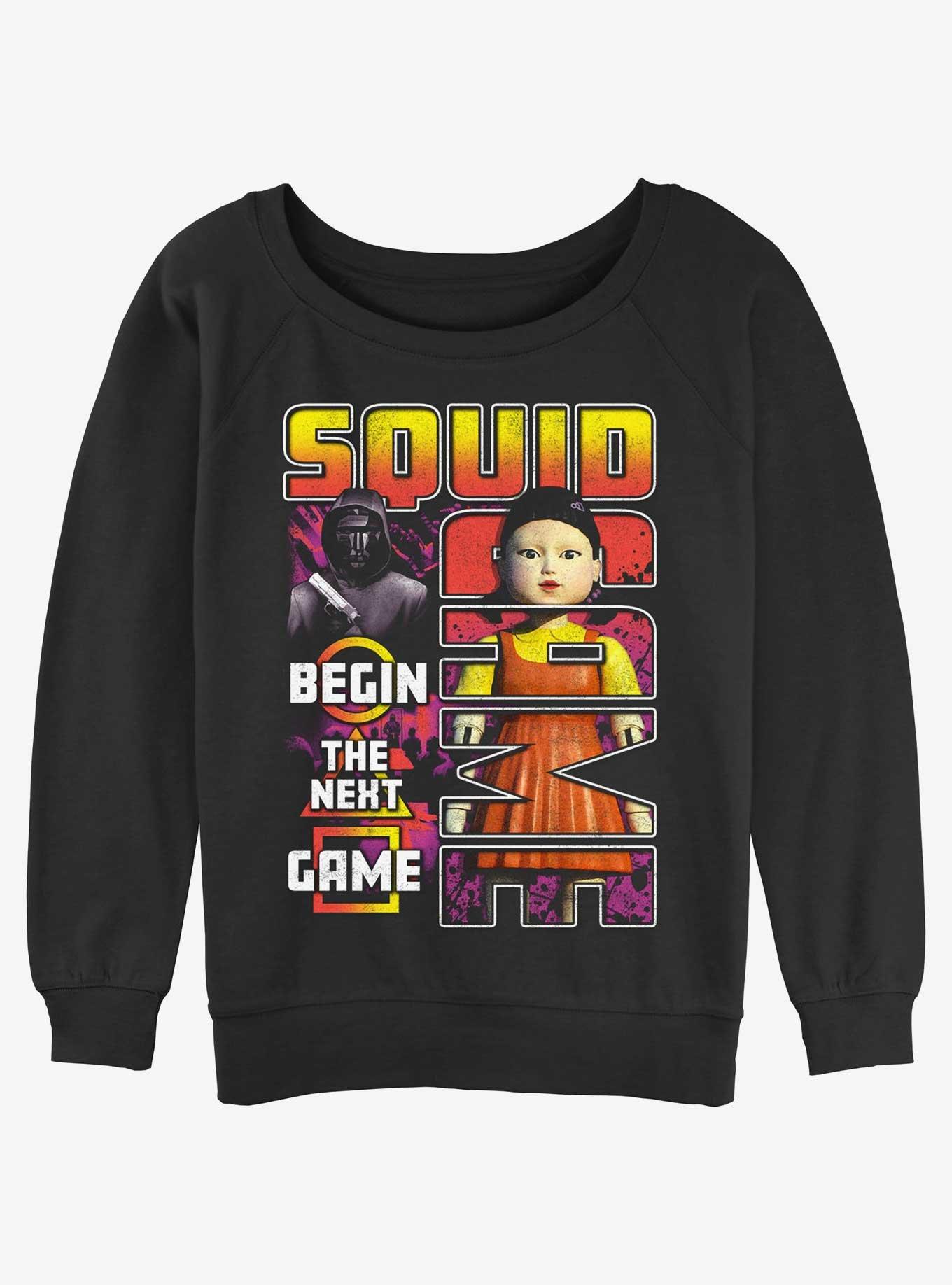 Squid Game Masked Man and Young-Hee Doll Star The Next Game Womens Slouchy Sweatshirt, BLACK, hi-res