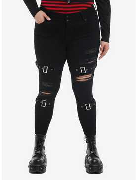 Black Ultra Hi-Rise Buckle Girls Super Skinny Jeans Plus Size, , hi-res