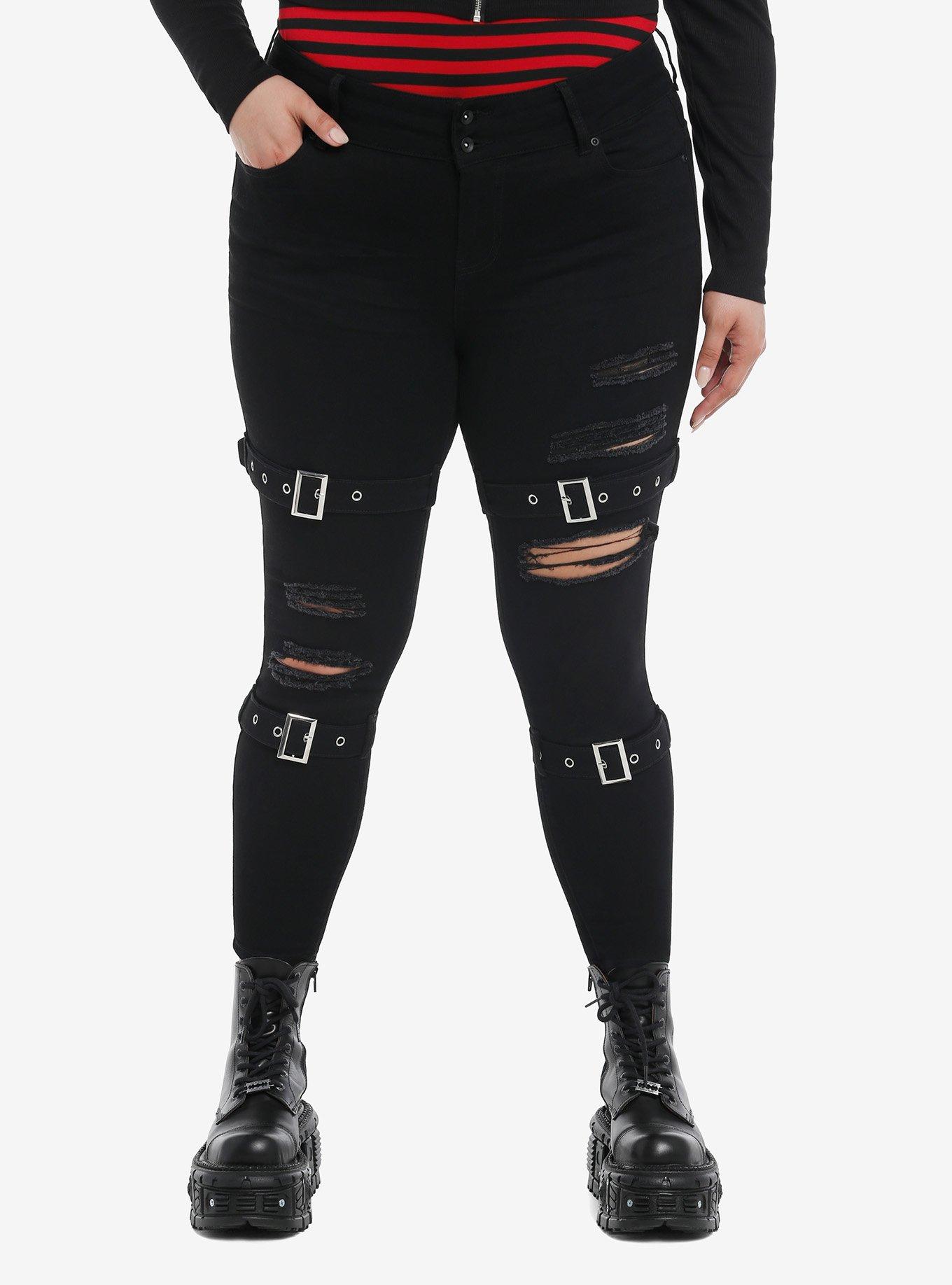 Black Ultra Hi-Rise Buckle Girls Super Skinny Jeans Plus Size, BLACK, hi-res