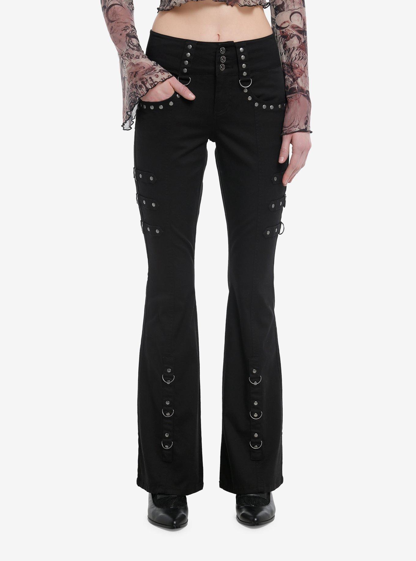 Black Stud D-ring Flare Pants, , hi-res