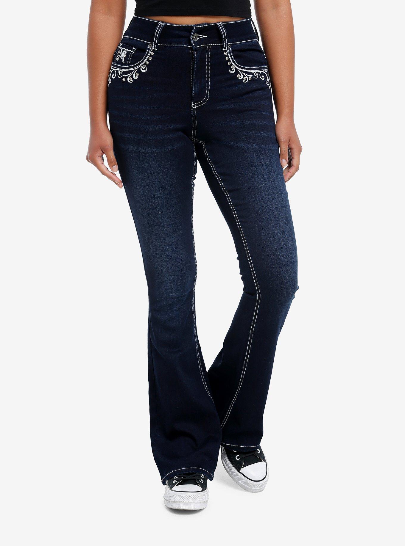 Dark Indigo Filigree Rhinestone Flare Denim Pants, DENIM  NAVY, hi-res