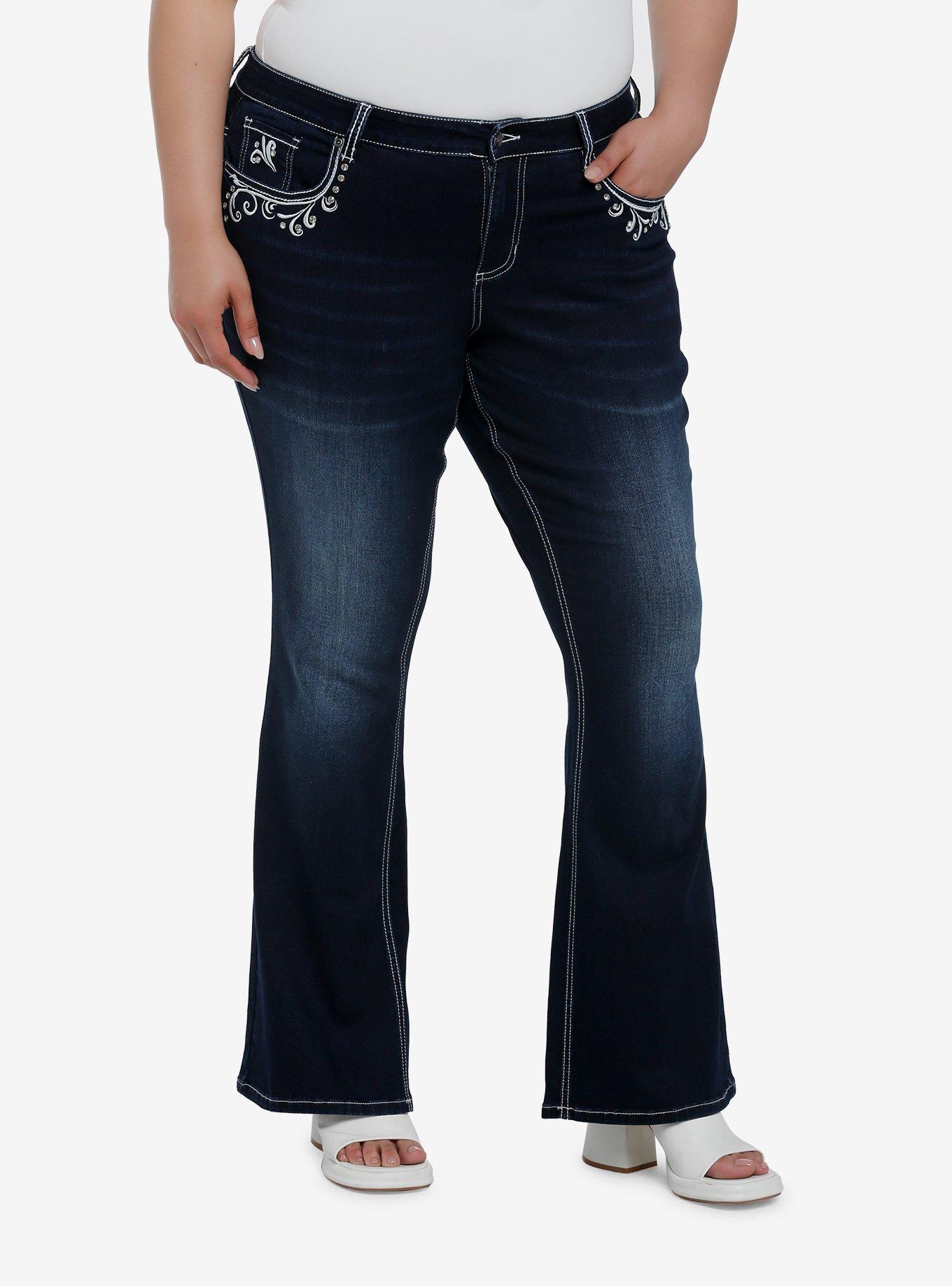 Dark Indigo Filigree Rhinestone Flare Denim Pants Plus Size, DENIM  NAVY, hi-res