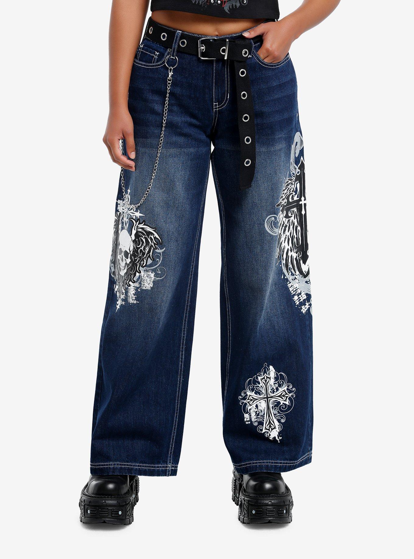 Skull & Gothic Cross Dark Wash Girls Wide-Leg Jeans, , hi-res