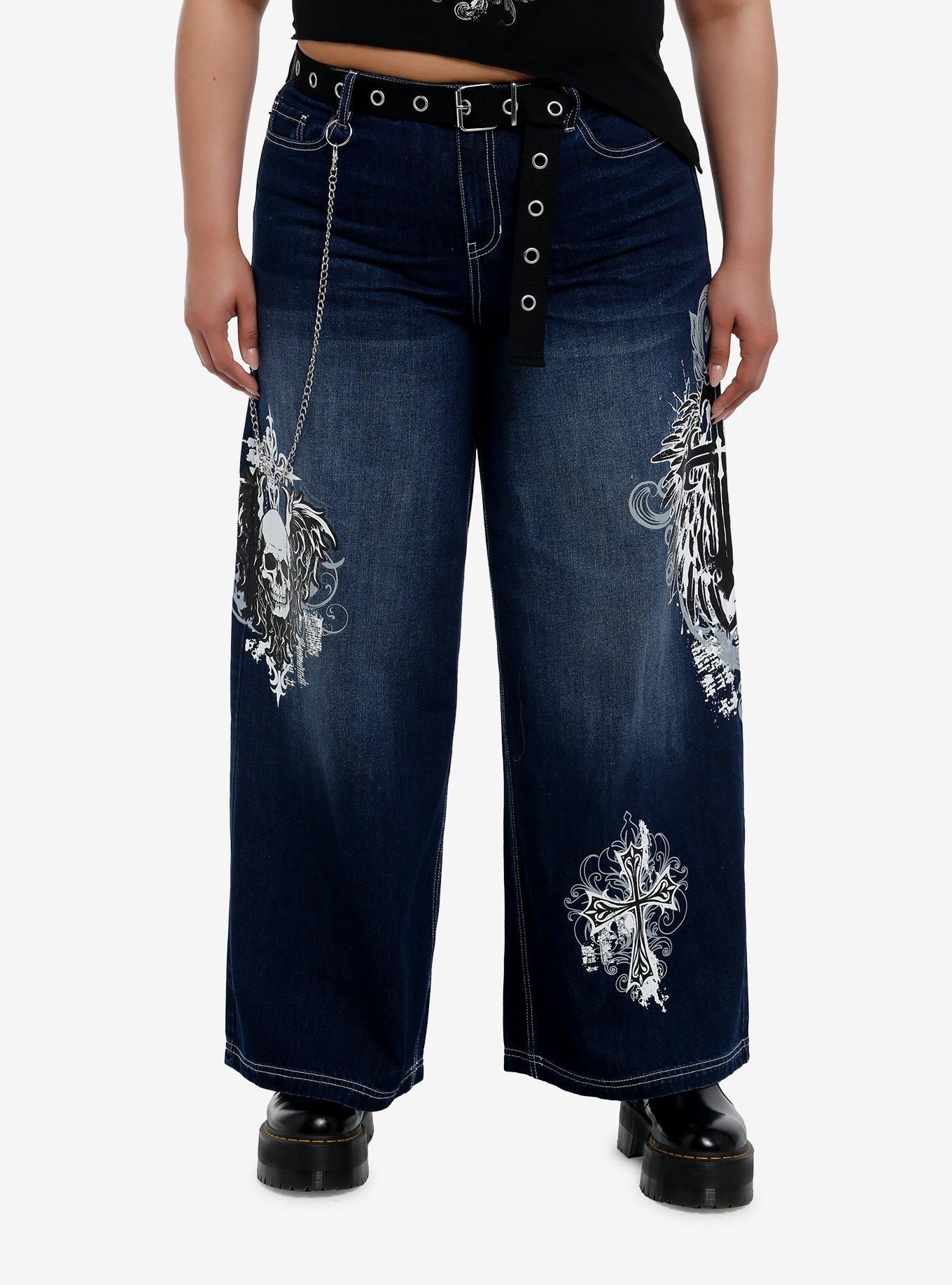 Skull & Gothic Cross Dark Wash Wide Leg Jeans Plus Size, , hi-res