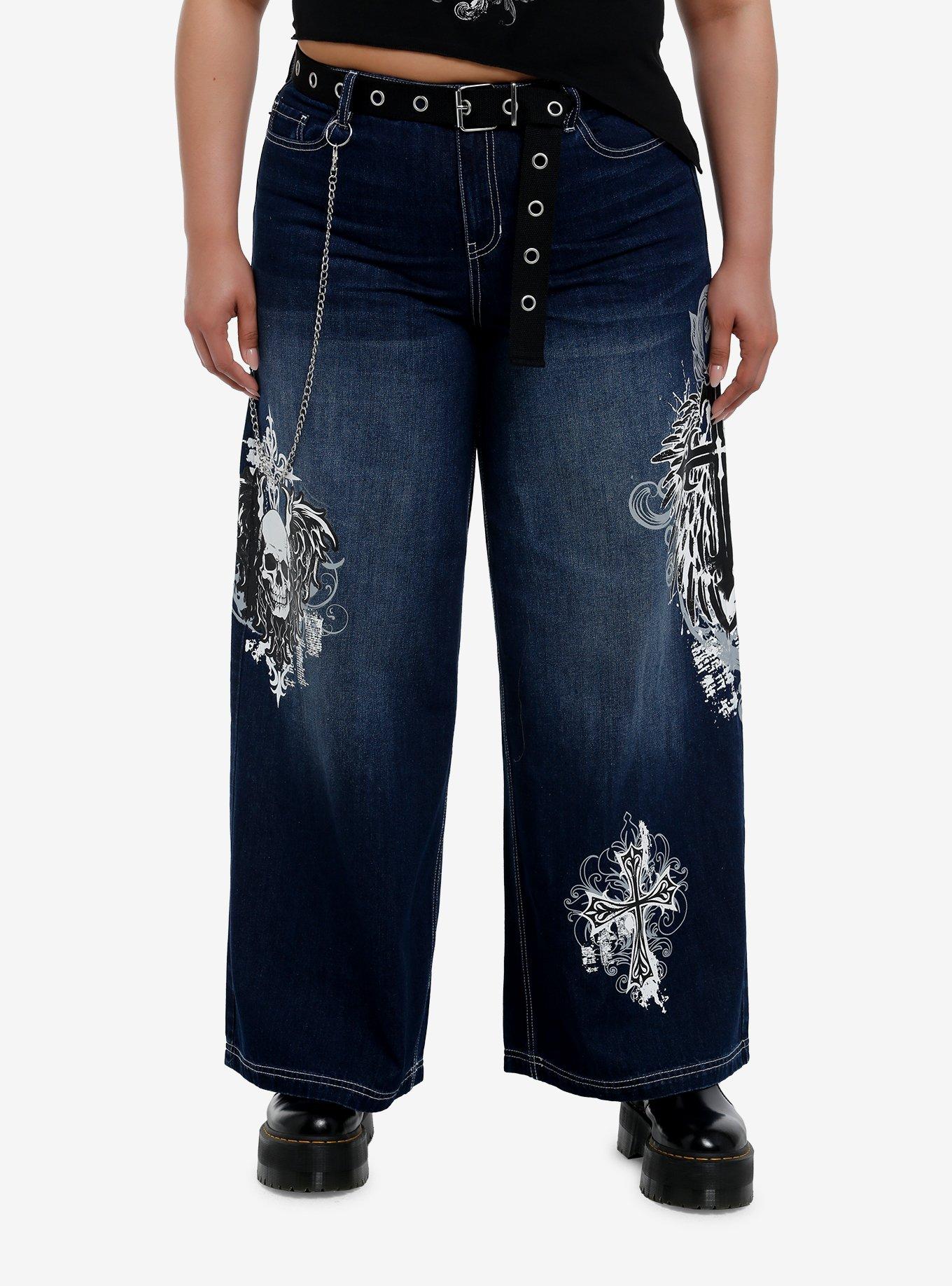 Skull & Gothic Cross Dark Wash Girls Wide-Leg Jeans Plus Size, , hi-res