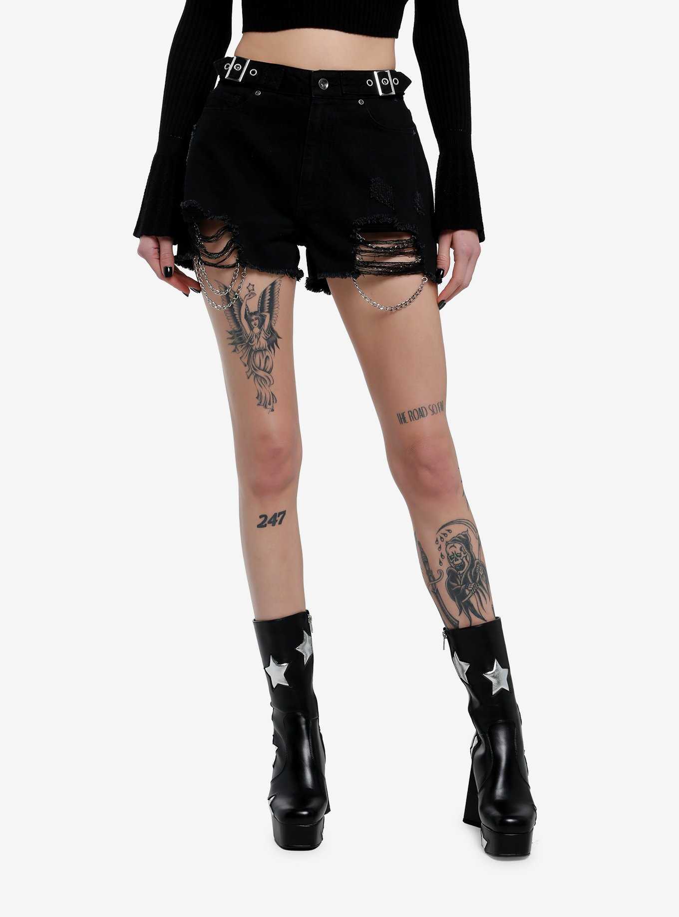 Cosmic Aura Black Buckles & Chains Girls Denim Shorts, , hi-res