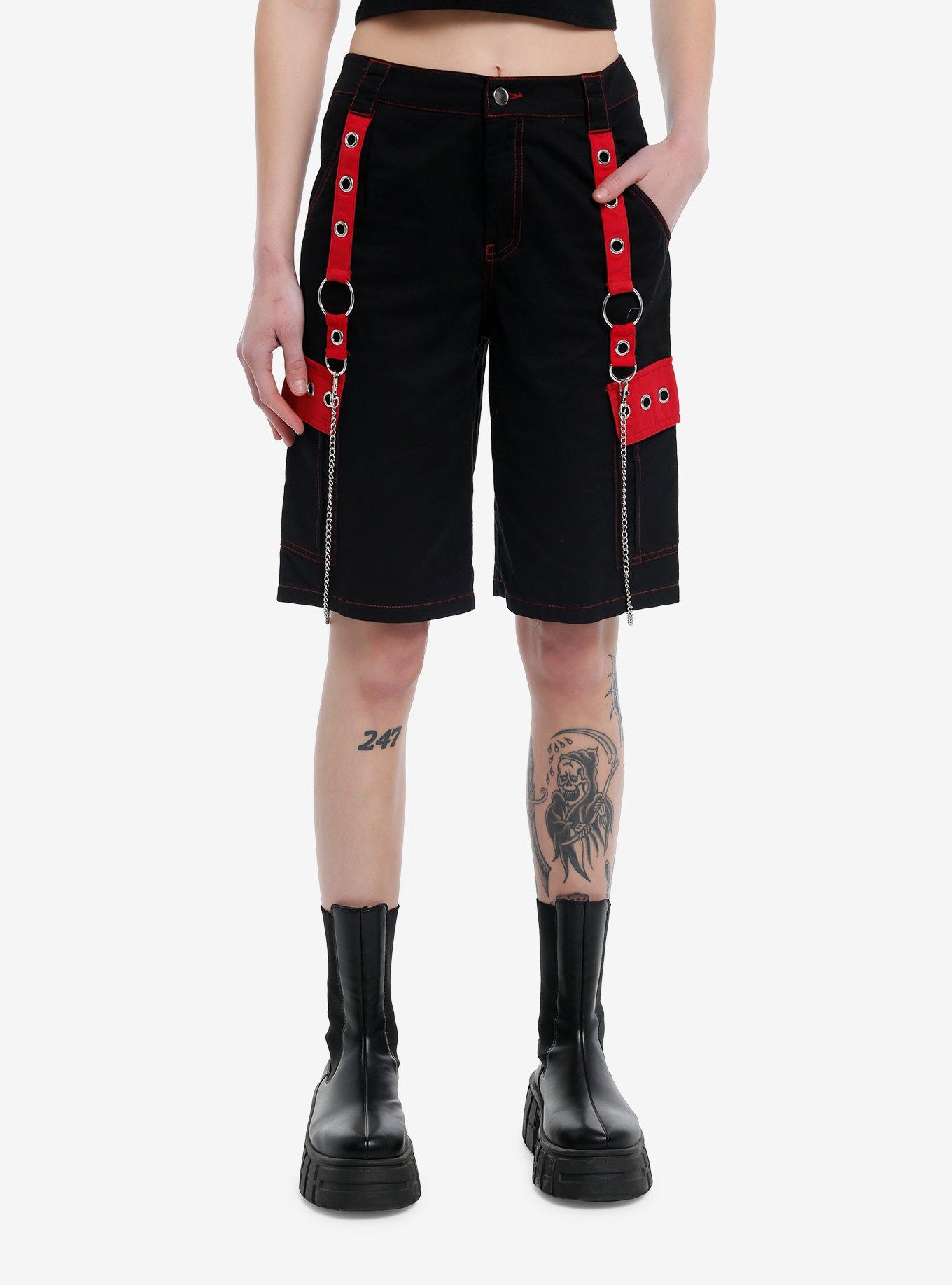 Black & Red Grommet Chain Carpenter Shorts, RED, hi-res