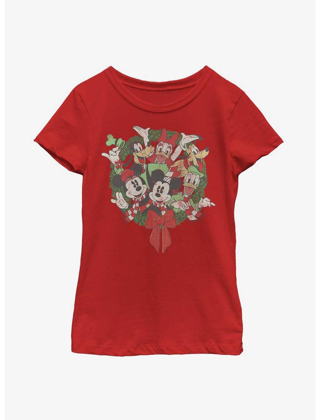 Disney Mickey Mouse Mickey & Friends Christmas Wreath Youth Girls T-Shirt, RED, hi-res
