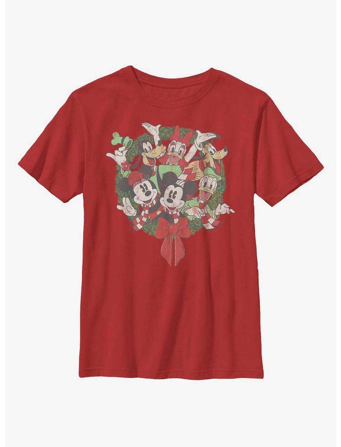 Disney Mickey Mouse Mickey & Friends Christmas Wreath Youth T-Shirt, RED, hi-res