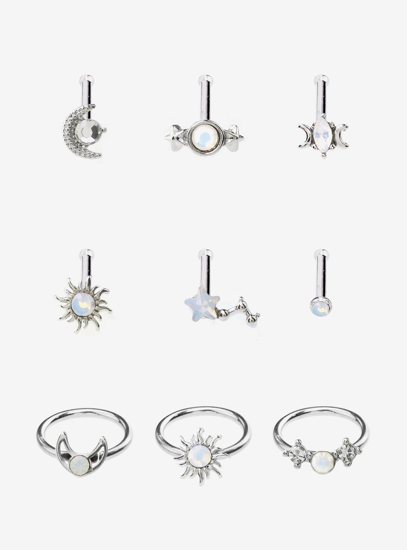 Steel Silver Opalite Celestial Nose Stud & Captive Hoop 9 Pack, MULTI, hi-res