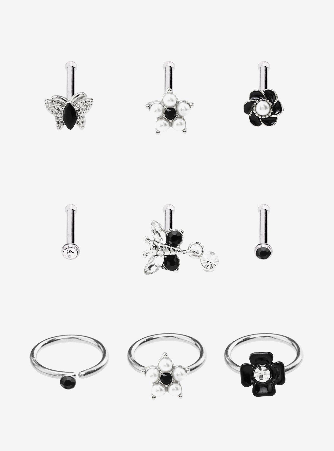 Steel Silver Butterfly & Pearl Nose Stud & Captive Hoop 9 Pack, , hi-res