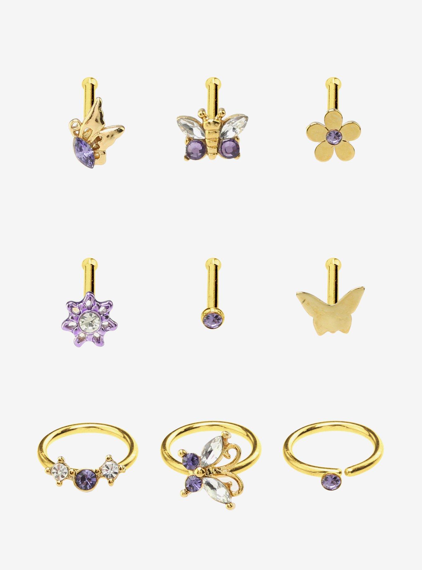 Steel Gold Spring Flowers & Butterflies Nose Stud & Captive Hoop 9 Pack, , hi-res