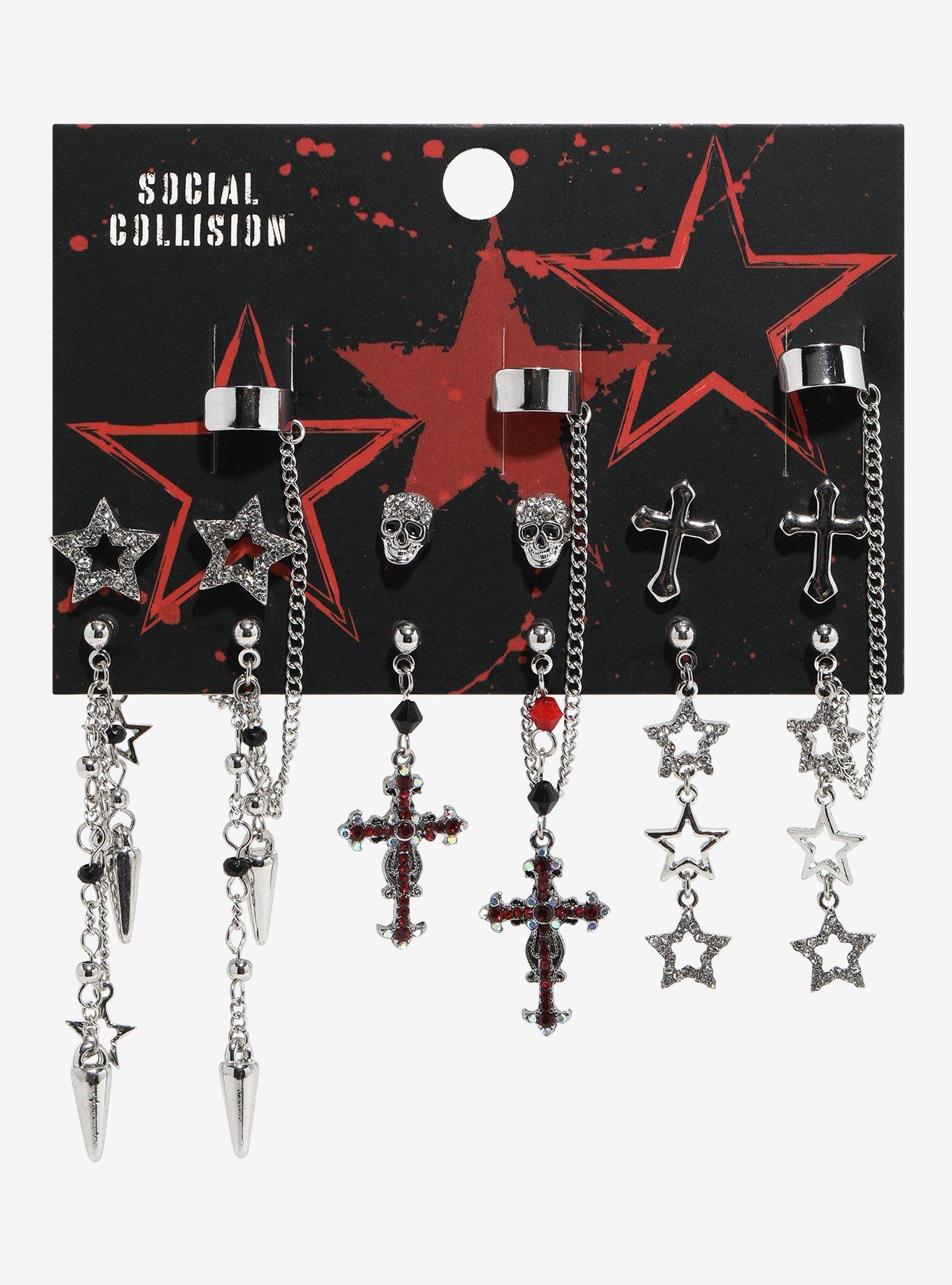 Social Collision Star Cross Skull Bling Cuff Earring Set, , hi-res