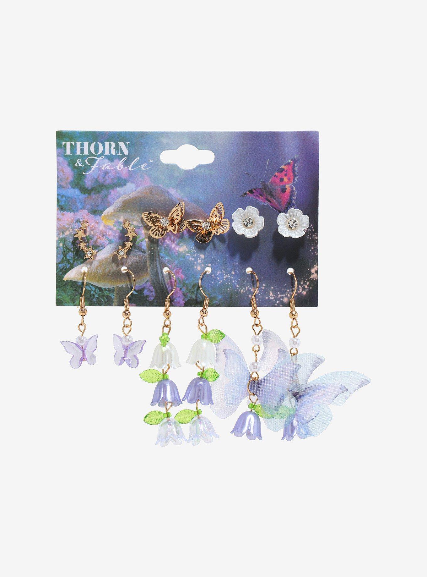 Thorn & Fable Purple Butterfly Floral Earring Set, , hi-res