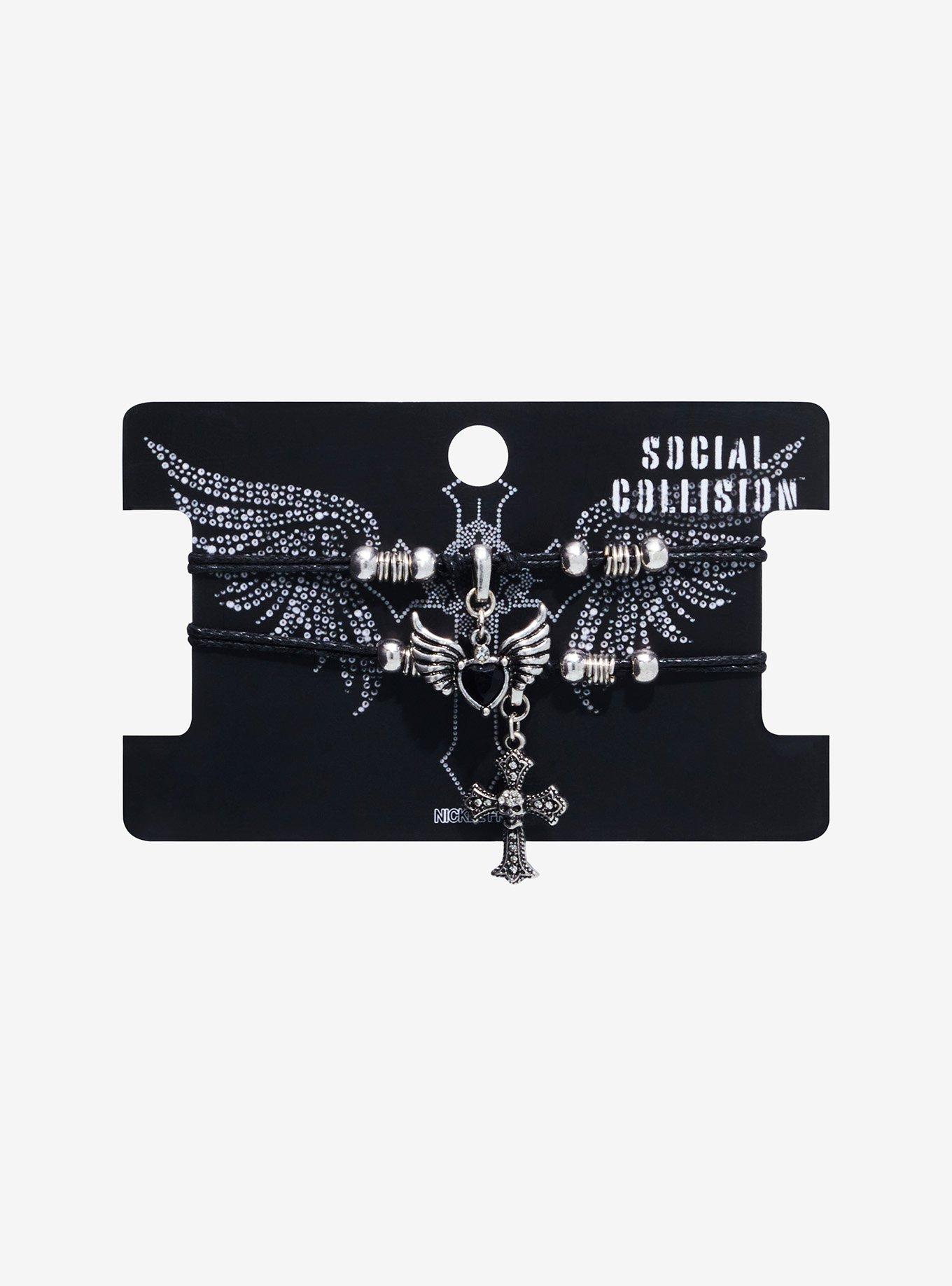 Social Collision Winged Heart Cross Best Friend Cord Bracelet Set, , hi-res