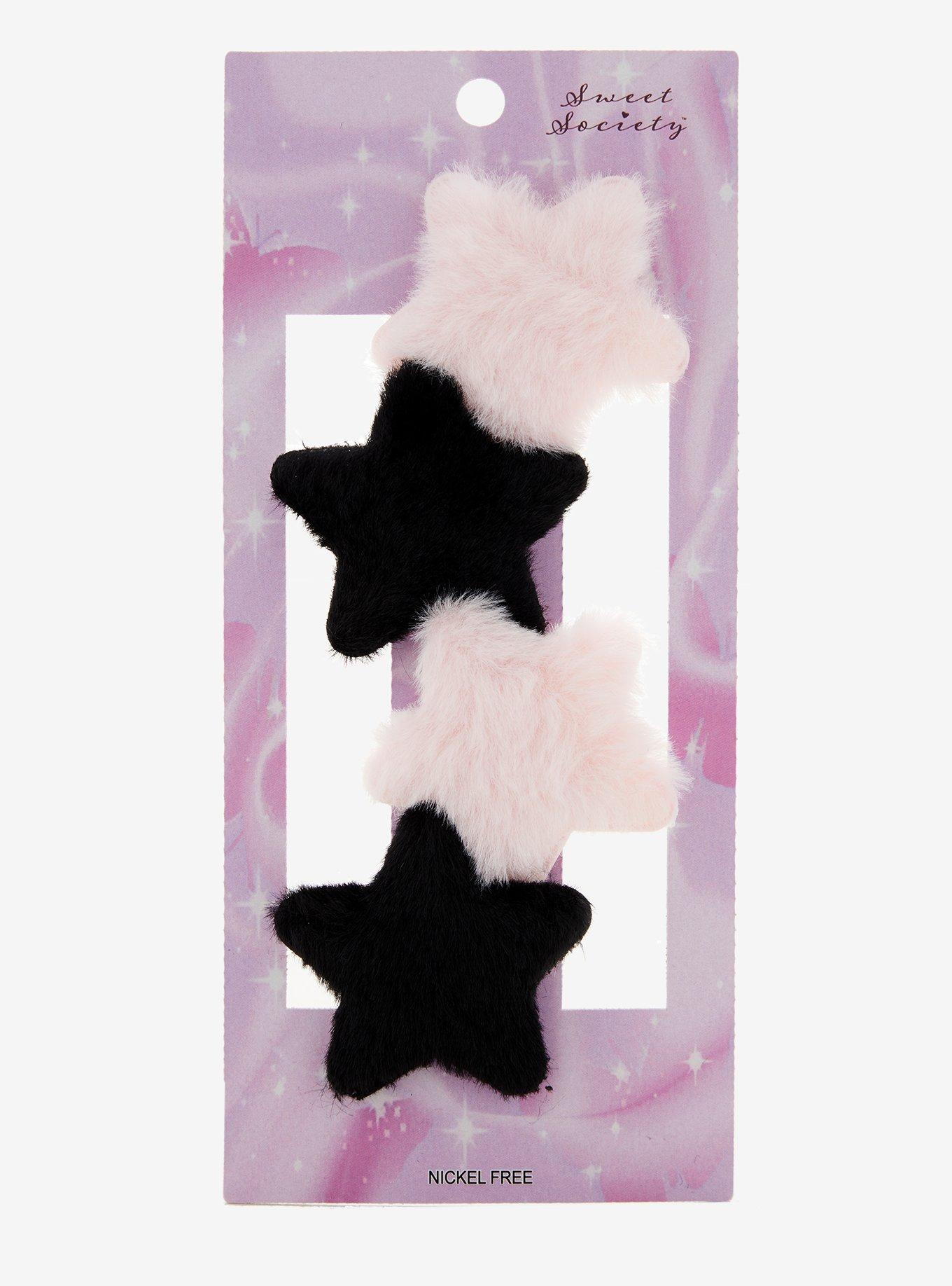 Sweet Society Pink & Black Fuzzy Star Hair Clip Set, , hi-res