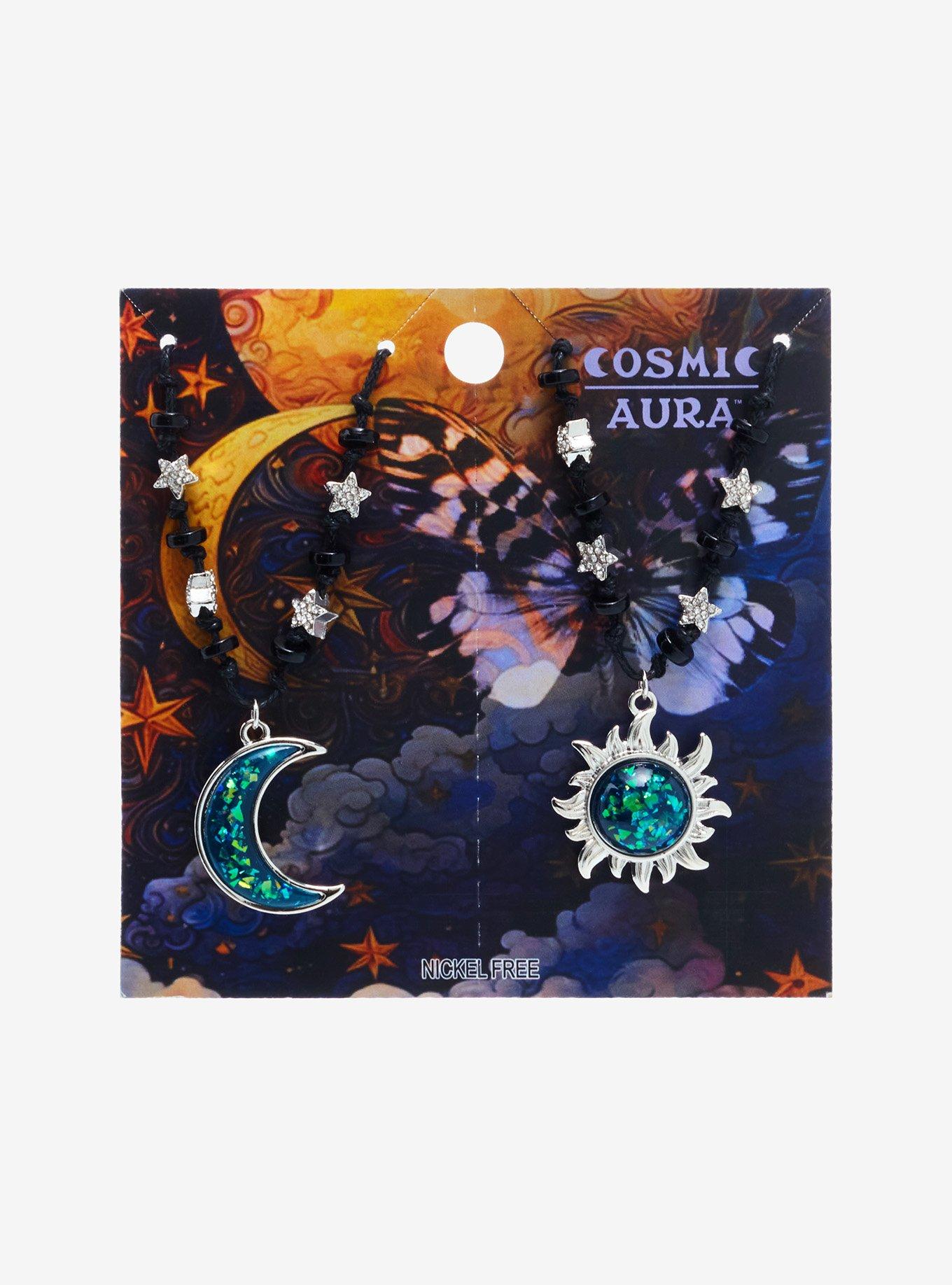 Cosmic Aura Blue Speckled Moon & Sun Best Friend Necklace Set, , hi-res