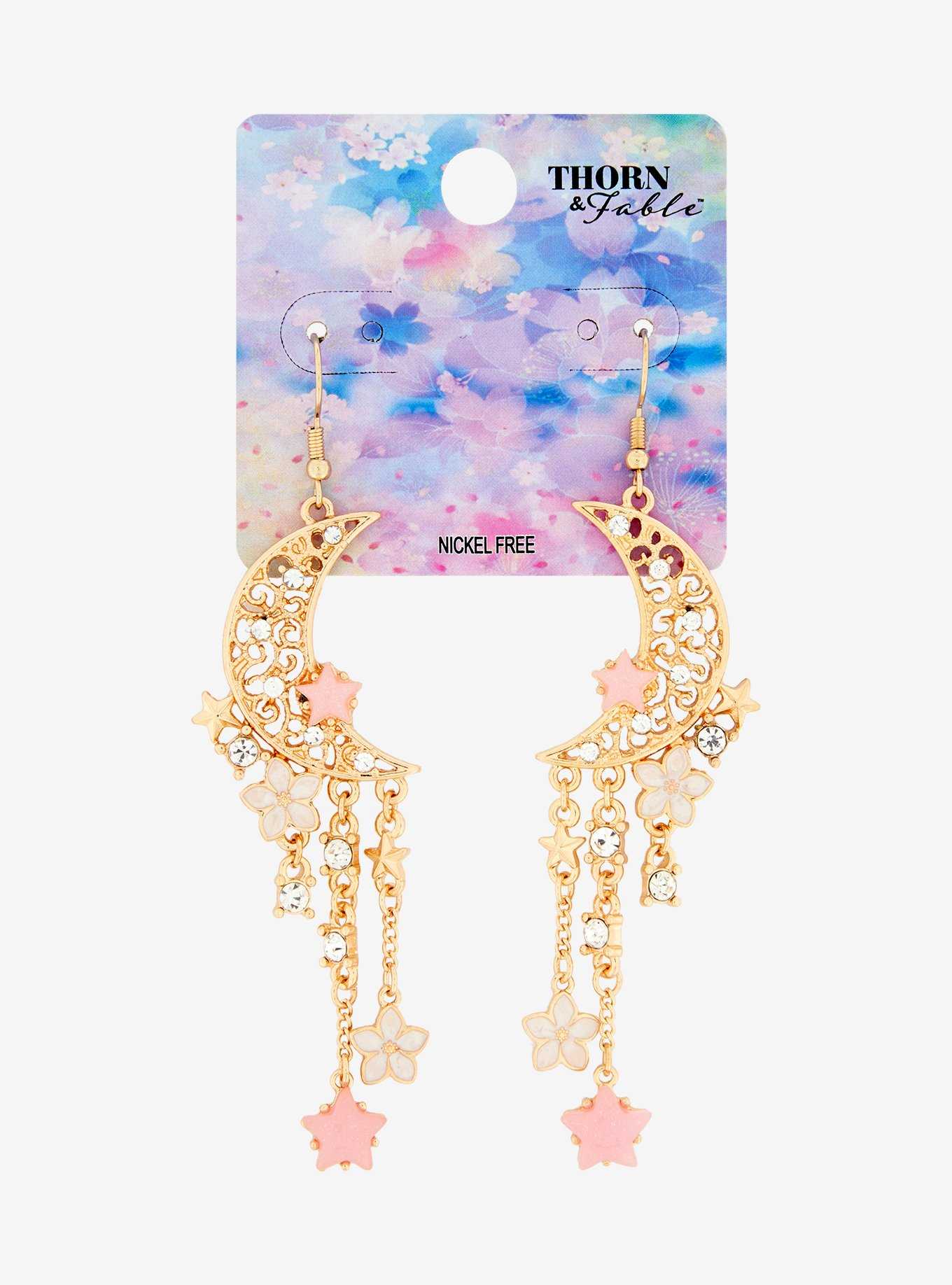 Thorn & Fable Cherry Blossom Ornate Moon Earrings, , hi-res