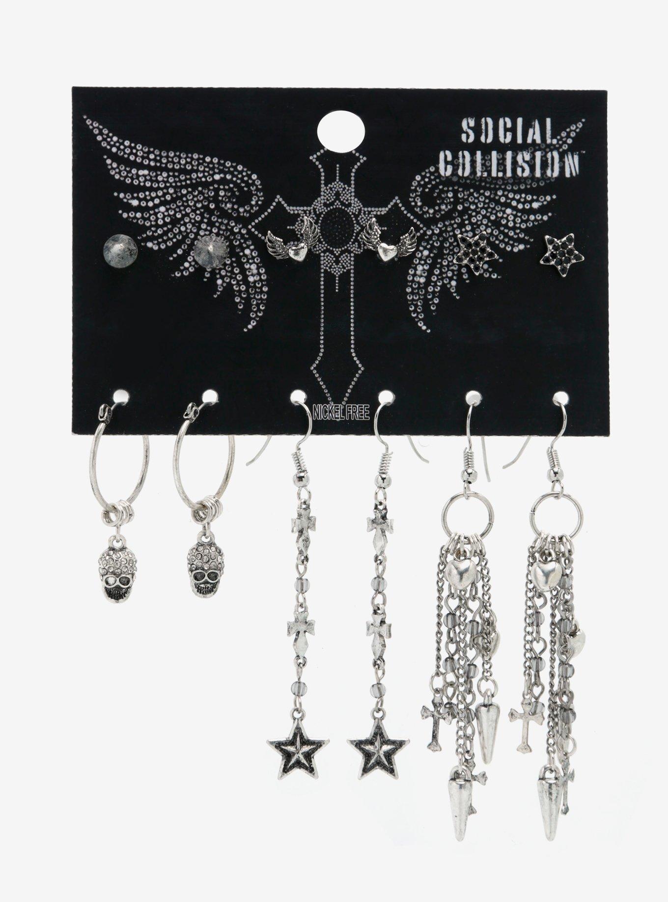 Social Collision Skull Spike Star Earring Set, , hi-res