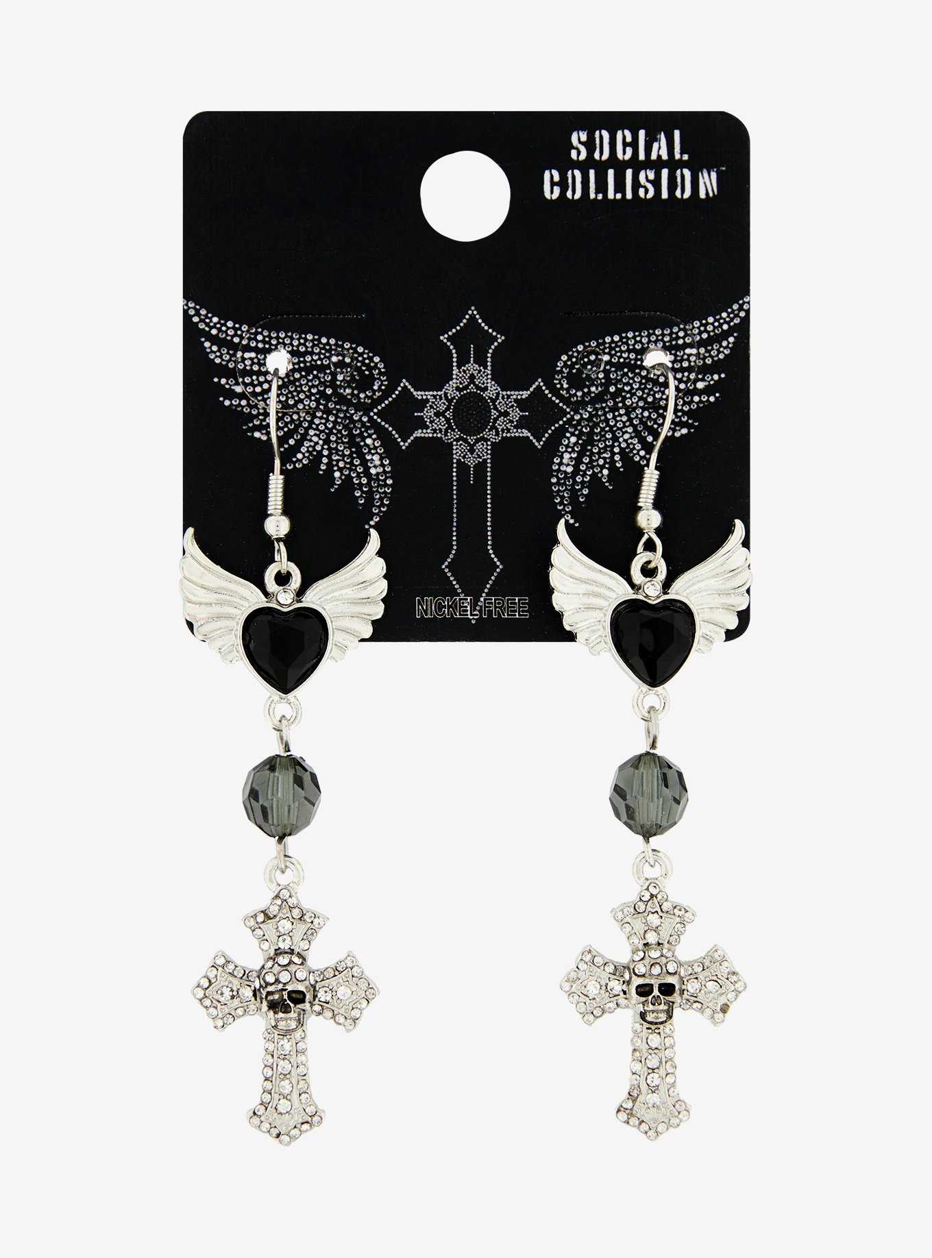 Social Collision Rhinestone Skull Cross Earrings, , hi-res