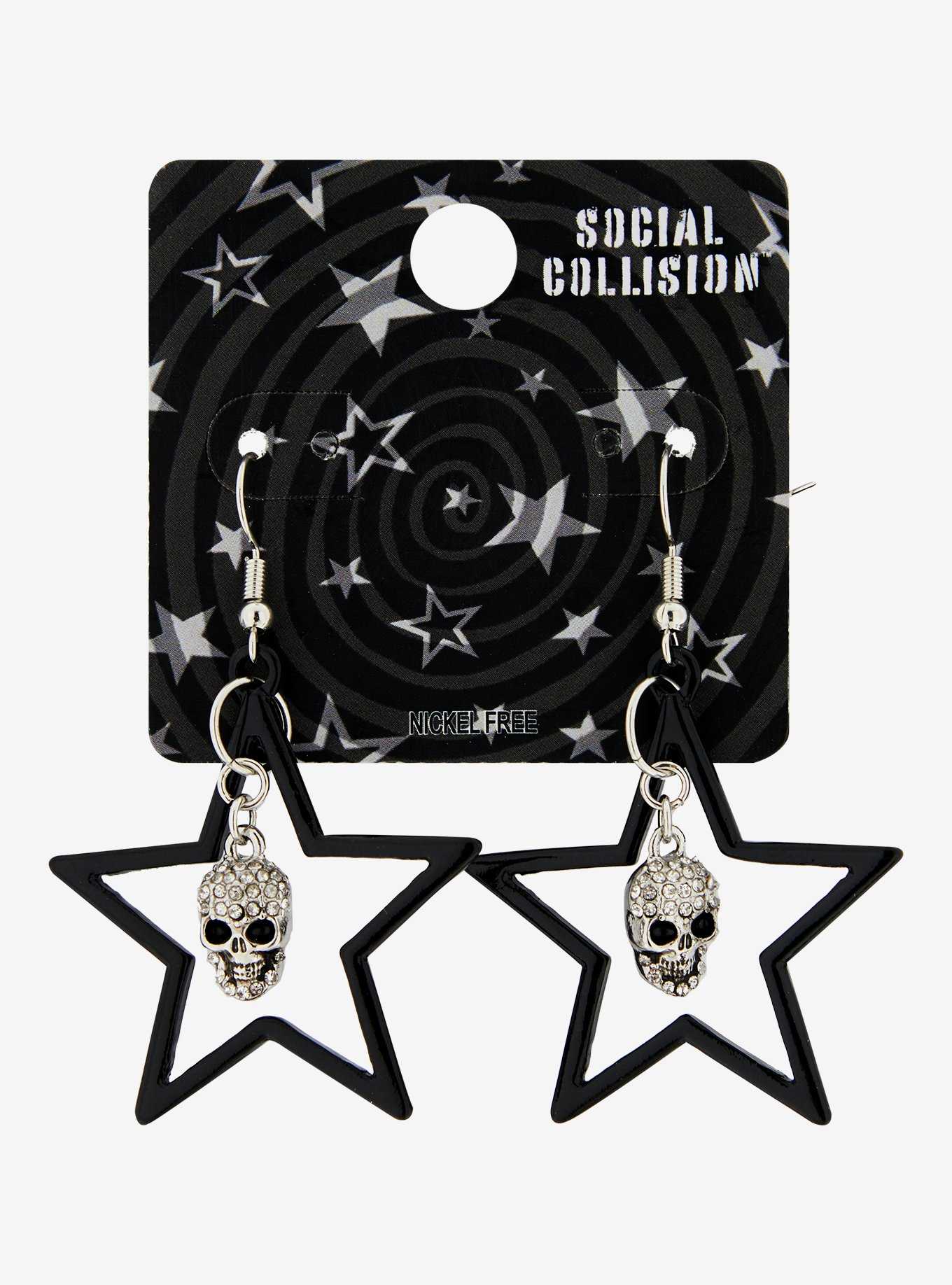 Social Collision Rhinestone Skull Star Pendant Earrings, , hi-res