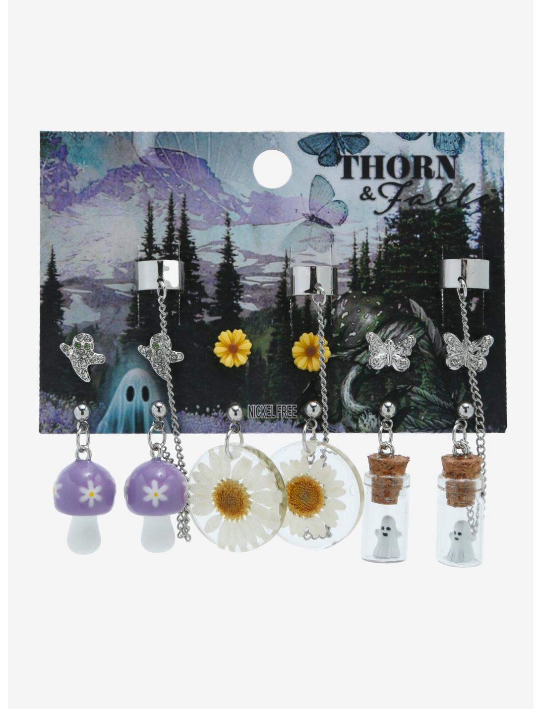 Thorn & Fable Ghost Mushroom Flower Cuff Earring Set, , hi-res